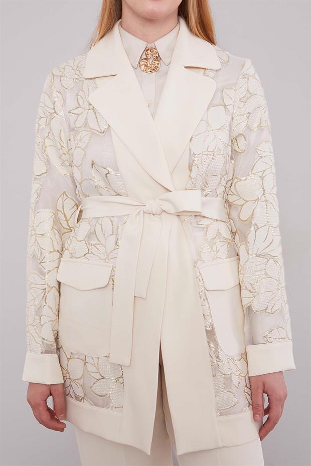 Açık Taş Belden Bağlamalı Güpür Detaylı İkili Takım