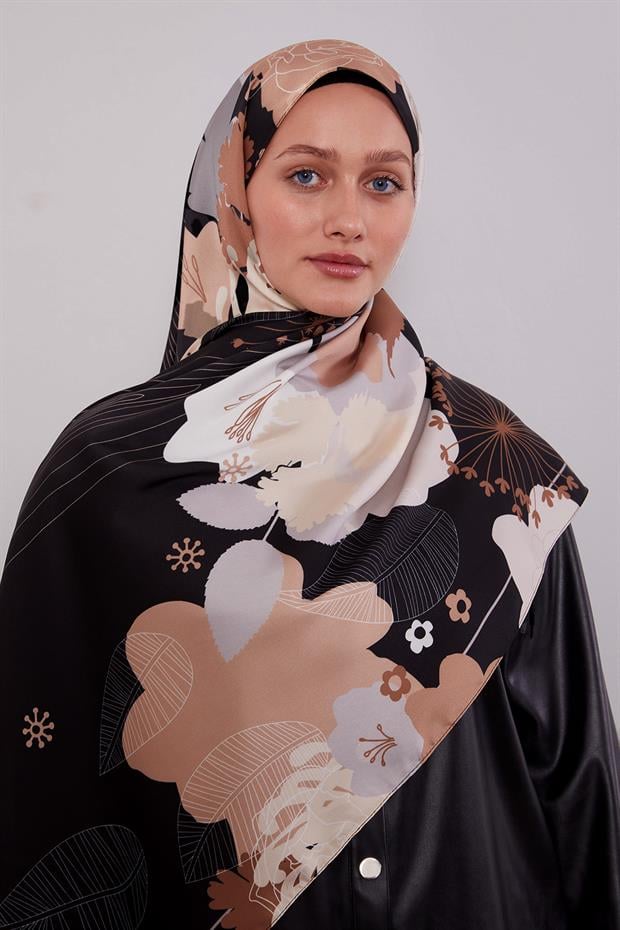 Acı Kahve Çiçek Desen Twill Şal