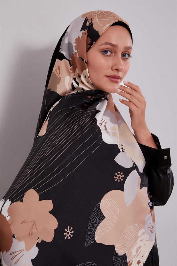 Acı Kahve Çiçek Desen Twill Şal