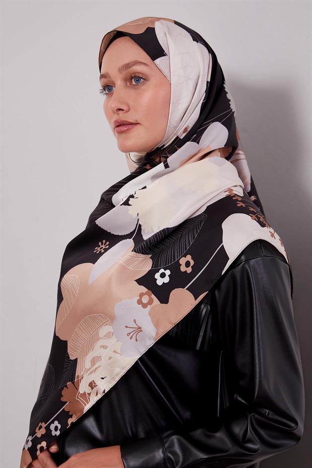 Acı Kahve Çiçek Desen Twill Şal