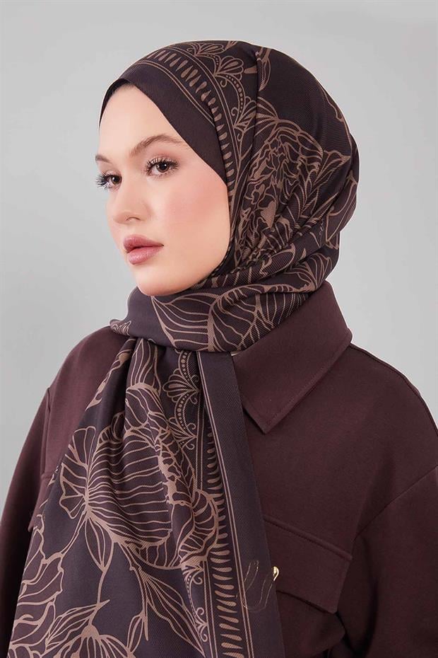 Acı Kahve Çiçek Desenli Yün İpek Şal