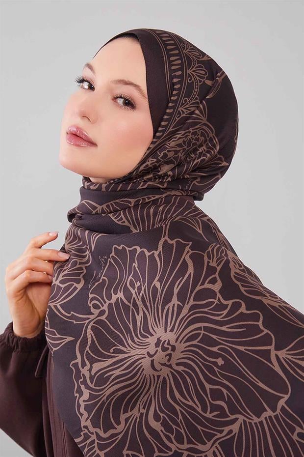 Acı Kahve Çiçek Desenli Yün İpek Şal