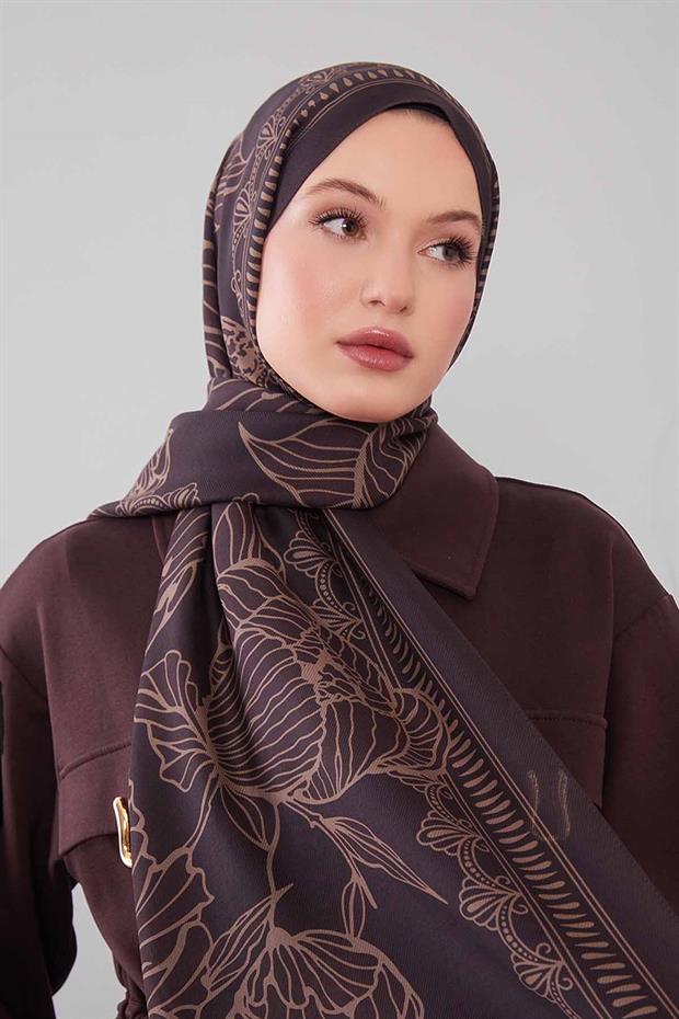 Acı Kahve Çiçek Desenli Yün İpek Şal