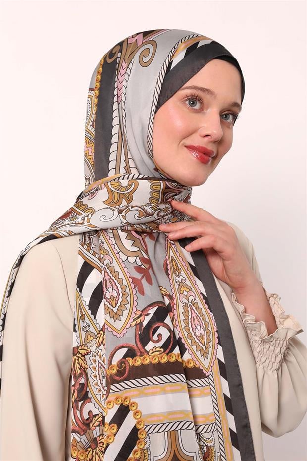 Acı Kahve Çizgili Hint İpeği Şal