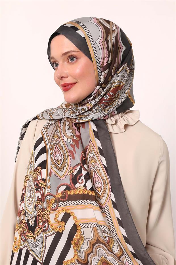 Acı Kahve Çizgili Hint İpeği Şal