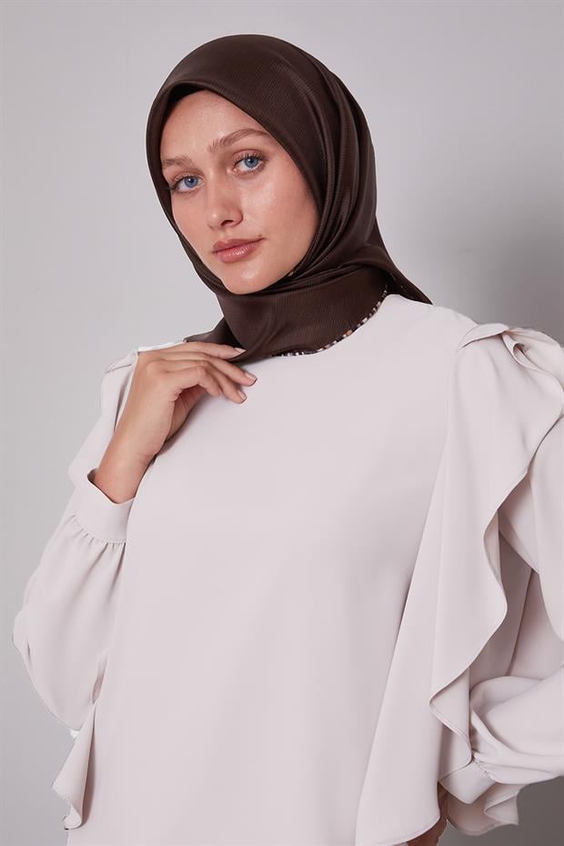Acı Kahve Çizgili Twill İpek Eşarp