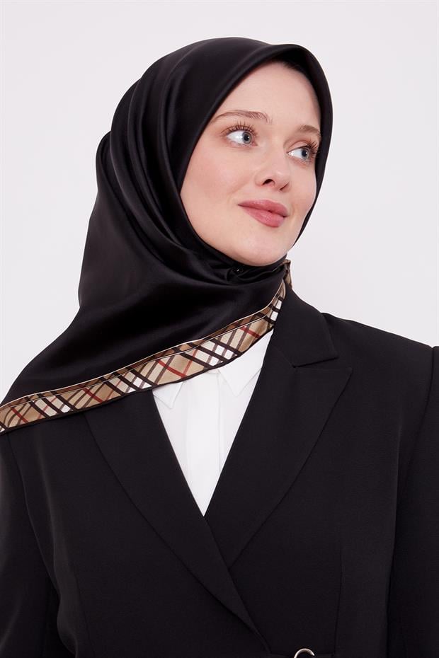Acı Kahve Ekose Kenar Twill İpek Eşarp
