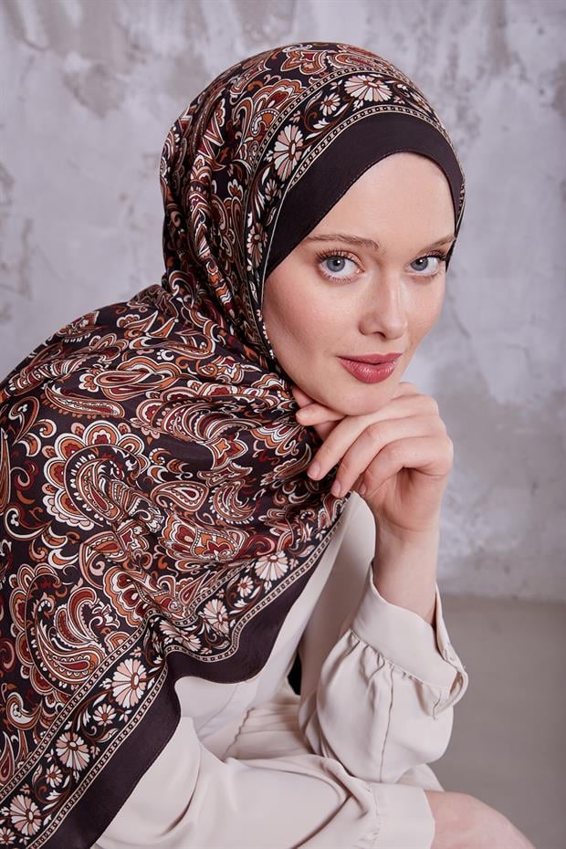 Acı Kahve Etnik Çiçekli Royal Şal