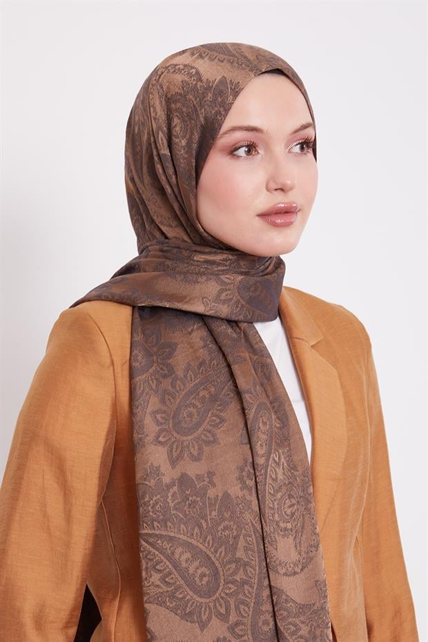 Acı Kahve Etnik Desen İtalyan Jakar Şal