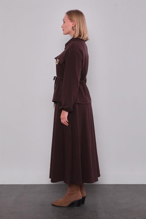 Acı Kahve Gold Fermuar Detaylı Etek Takım