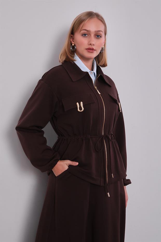 Acı Kahve Gold Fermuar Detaylı Etek Takım