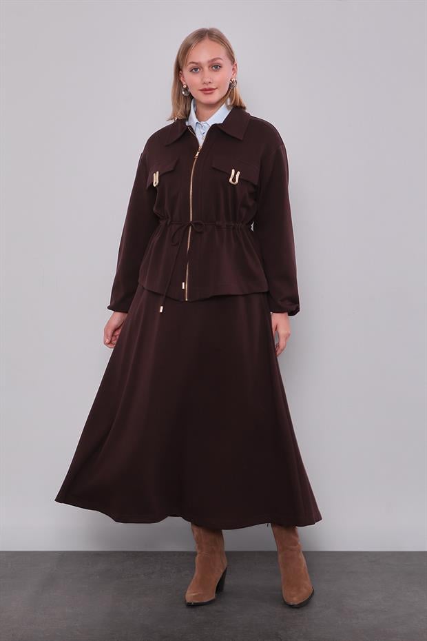 Acı Kahve Gold Fermuar Detaylı Etek Takım