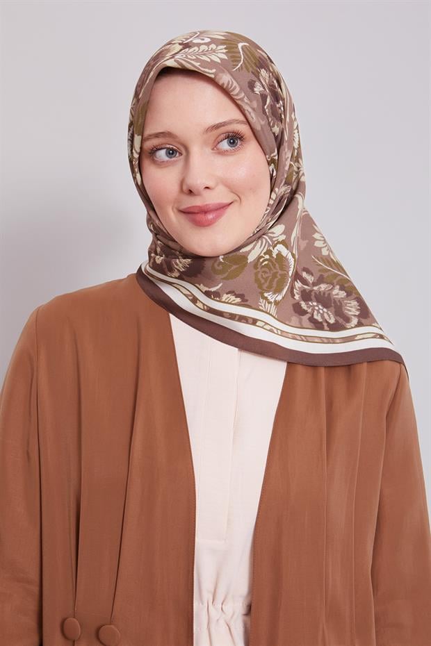 Acı Kahve Gül Desen Aura Eşarp