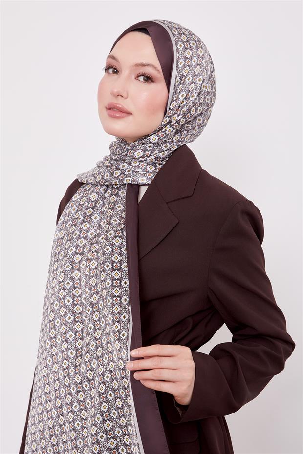 Acı Kahve Kare Desen Hint İpeği Şal