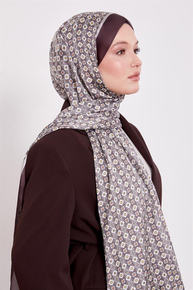 Acı Kahve Kare Desen Hint İpeği Şal