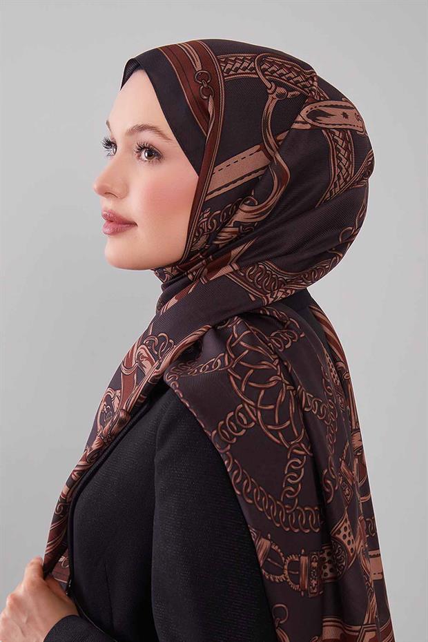 Acı Kahve Karışık Desenli Yün İpek Şal