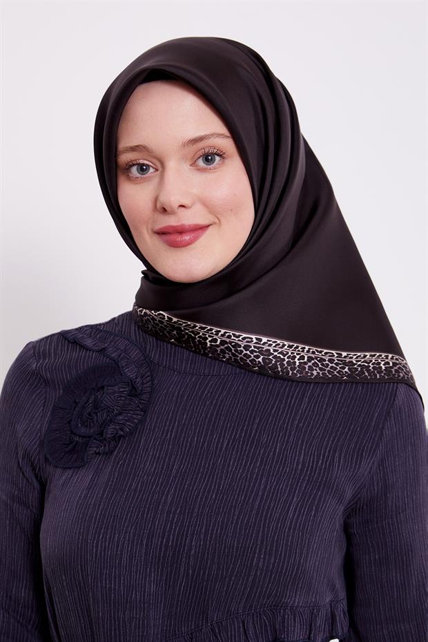 Acı Kahve Şerit Leopar Desen Twill İpek Eşarp