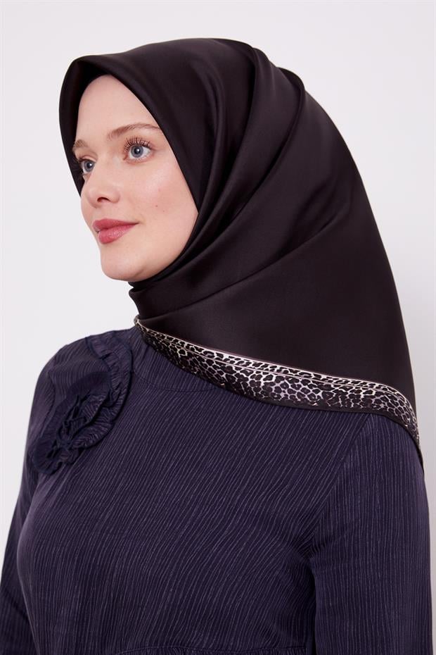 Acı Kahve Şerit Leopar Desen Twill İpek Eşarp