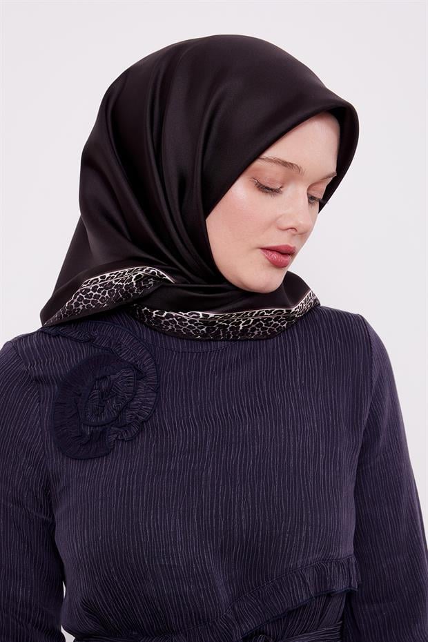 Acı Kahve Şerit Leopar Desen Twill İpek Eşarp