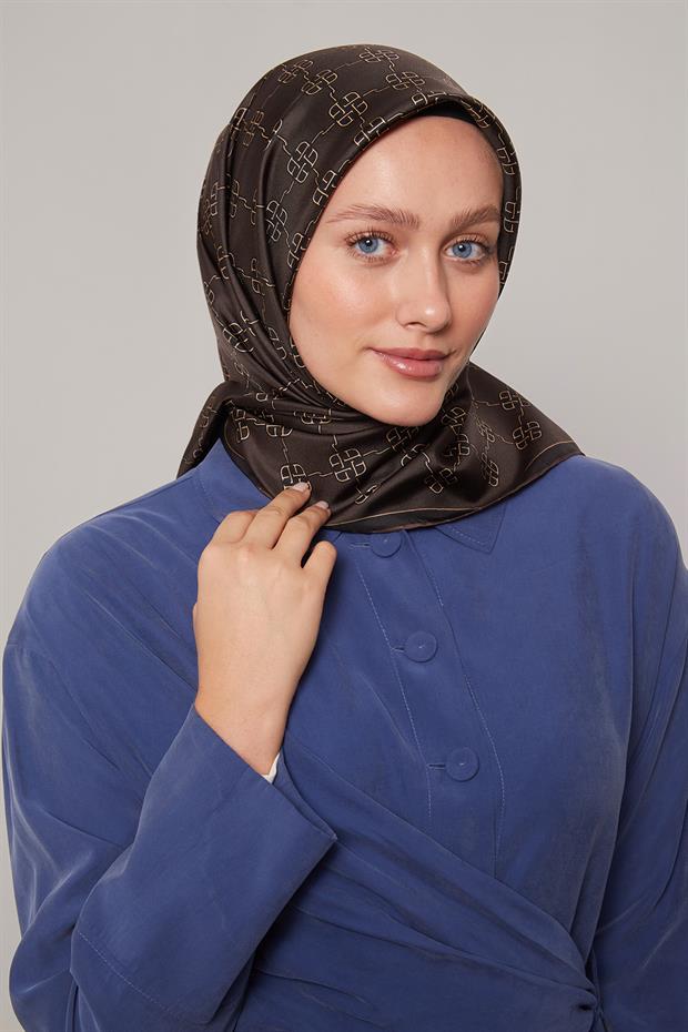 Acı Kahve Mini Yonca Desen Twill İpek Eşarp
