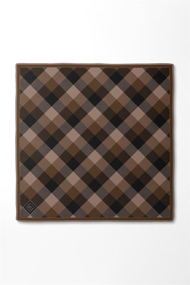 Acı Kahve Noktalı Kareli Twill İpek Eşarp