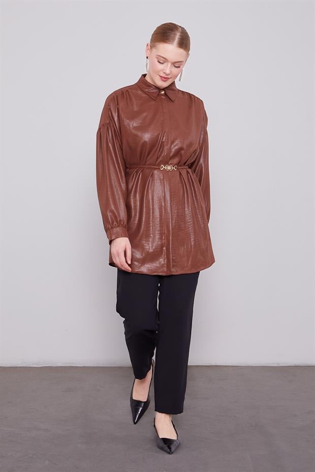 Acı Kahve Omuz Büzgü Detaylı Gömlek