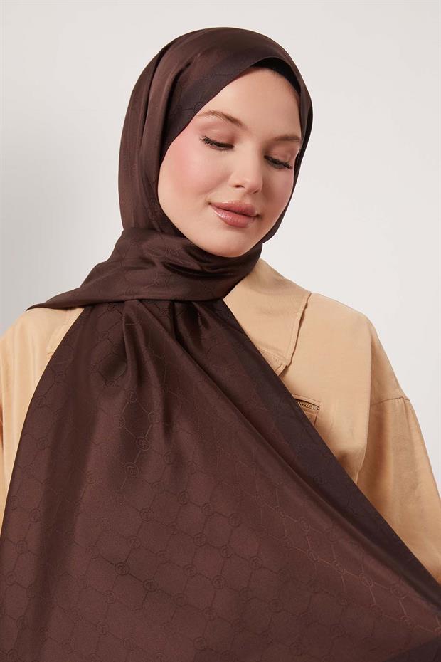 Acı Kahve Petek Desen Monogram İpek Şal