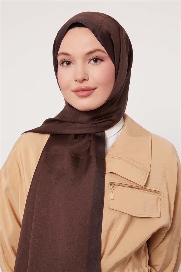 Acı Kahve Petek Desen Monogram İpek Şal