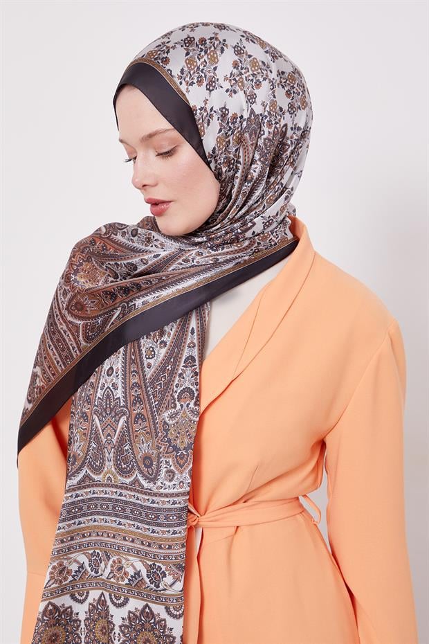 Acı Kahve Sarmal Desen Hint İpeği Şal