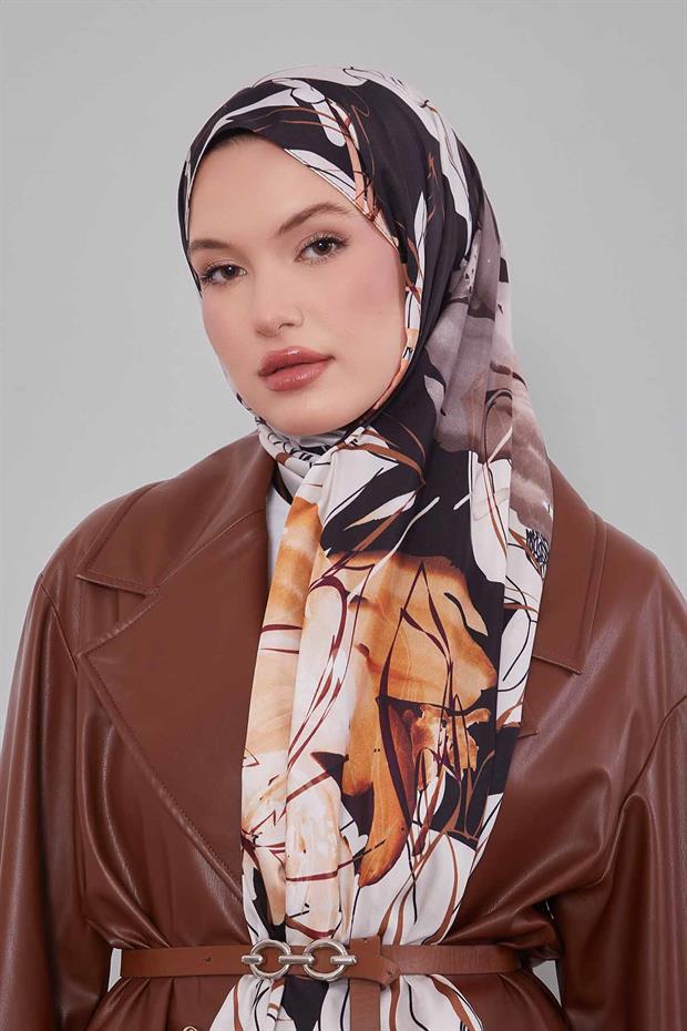 Acı Kahve Soyut Çiçek Desen Twill Şal