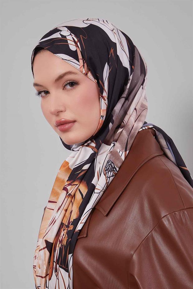 Acı Kahve Soyut Çiçek Desen Twill Şal