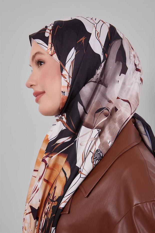 Acı Kahve Soyut Çiçek Desen Twill Şal