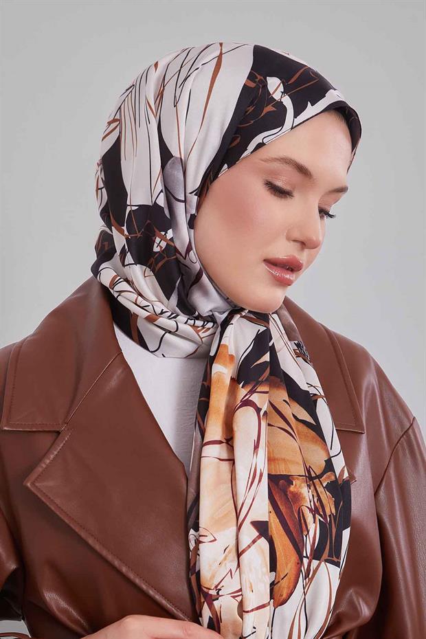 Acı Kahve Soyut Çiçek Desen Twill Şal