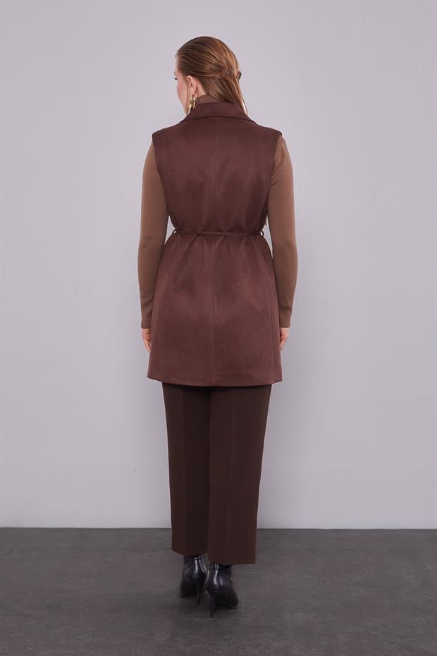 Acı Kahve Süet Kemer Detaylı Yelek