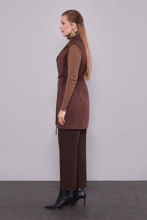 Acı Kahve Süet Kemer Detaylı Yelek