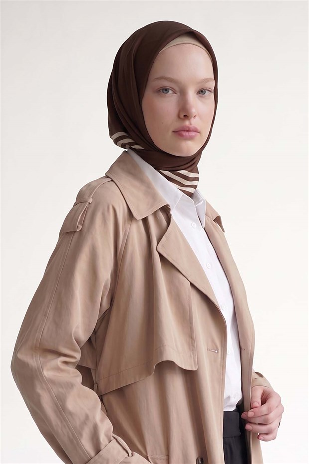 Acı Kahve Üç Çizgi Detaylı Twill İpek Eşarp