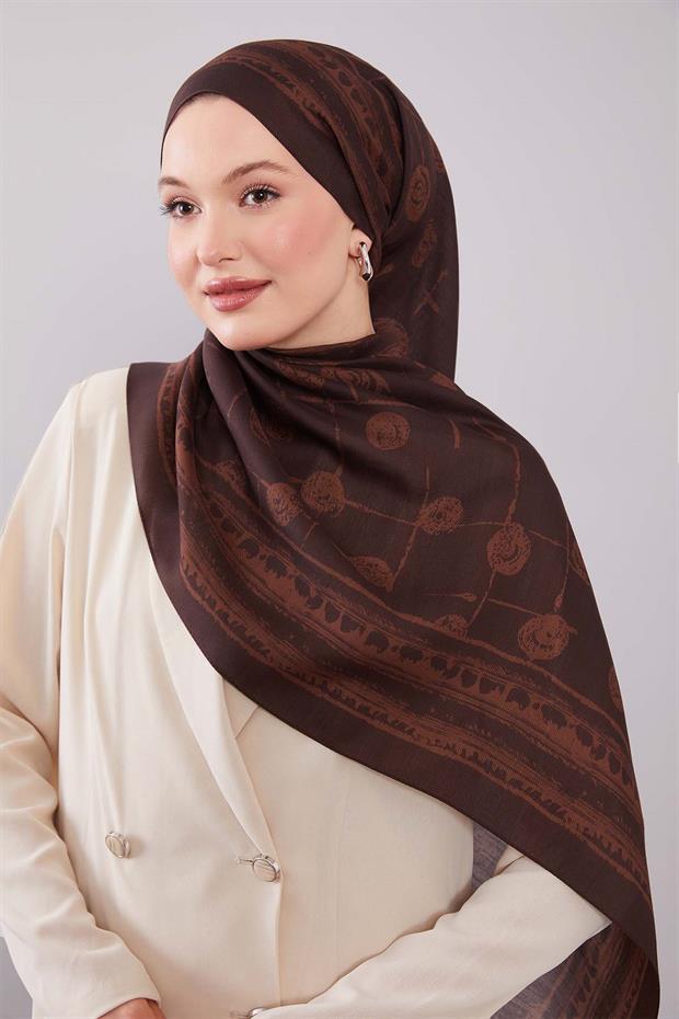 Acı Kahve Yuvarlak Desenli Yün İpek Şal