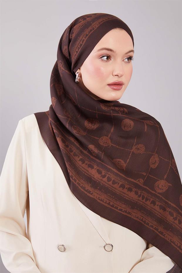 Acı Kahve Yuvarlak Desenli Yün İpek Şal