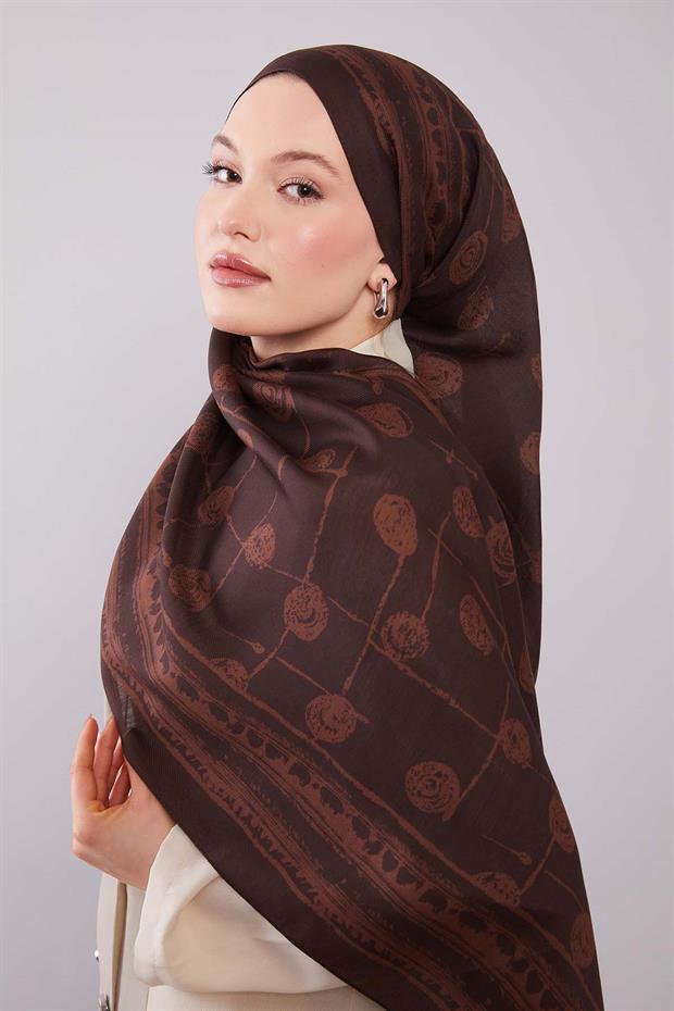 Acı Kahve Yuvarlak Desenli Yün İpek Şal