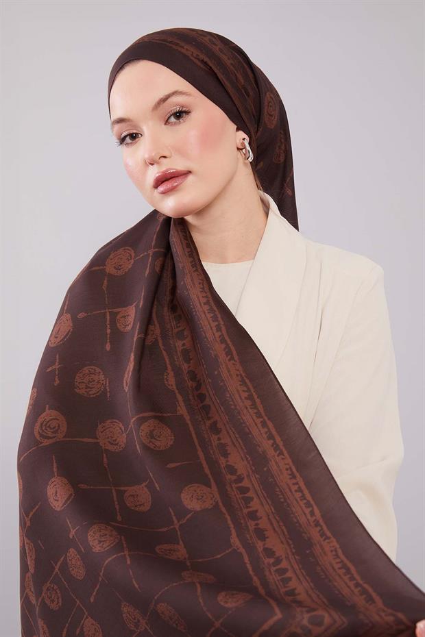 Acı Kahve Yuvarlak Desenli Yün İpek Şal