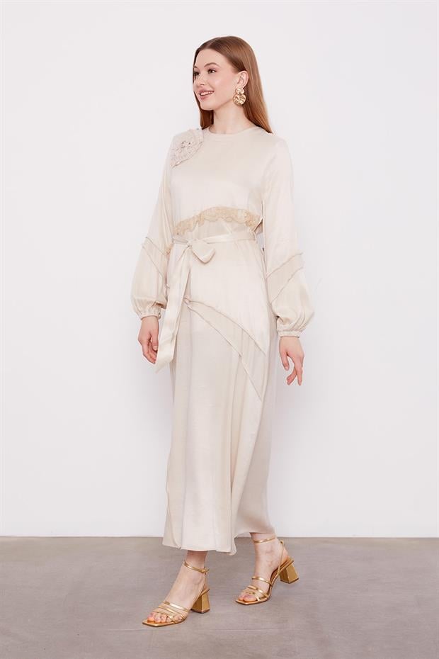 AÇIK BEJ Dantel Şeritli Cupra Elbise