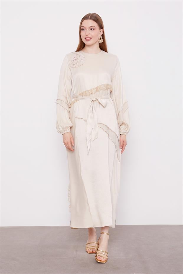 AÇIK BEJ Dantel Şeritli Cupra Elbise