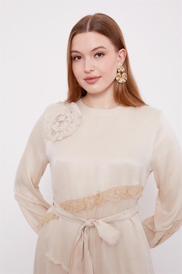 AÇIK BEJ Dantel Şeritli Cupra Elbise