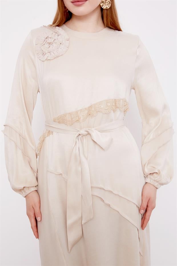 AÇIK BEJ Dantel Şeritli Cupra Elbise