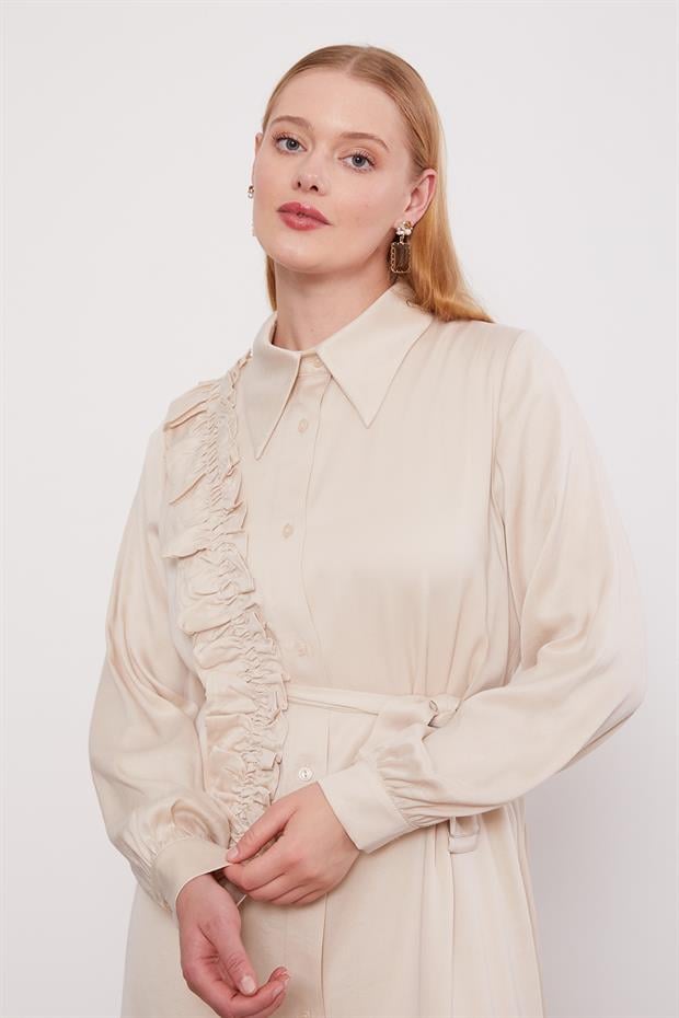 AÇIK BEJ Düğme Detaylı Cupra Elbise