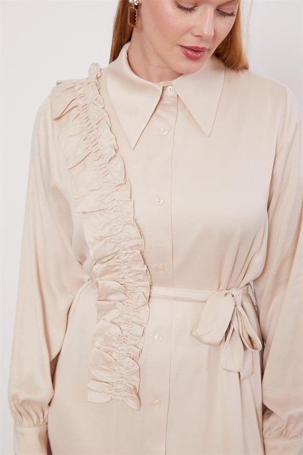 AÇIK BEJ Düğme Detaylı Cupra Elbise