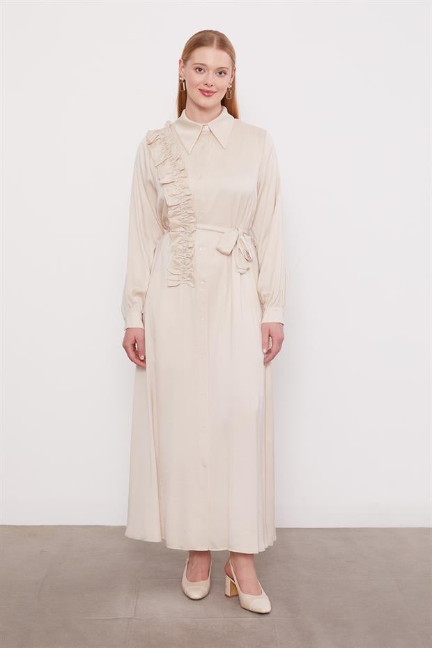 AÇIK BEJ Düğme Detaylı Cupra Elbise