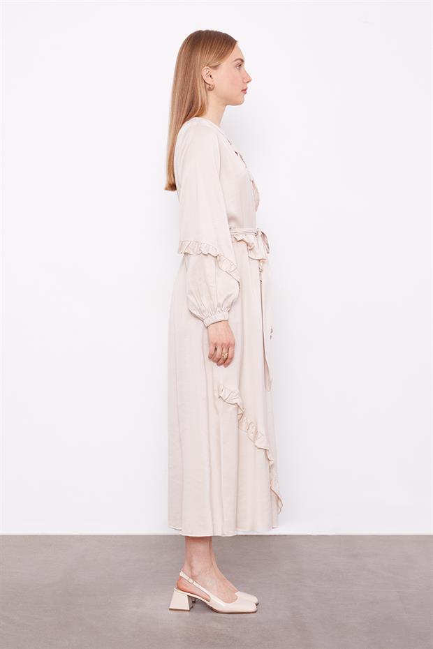 AÇIK BEJ Yakası Çiçek Detaylı Cupra Elbise