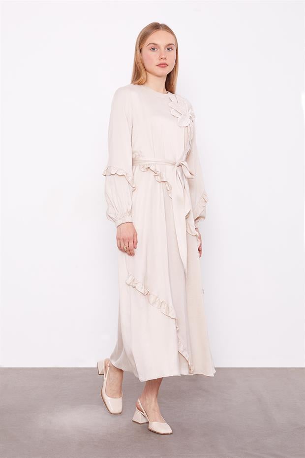 AÇIK BEJ Yakası Çiçek Detaylı Cupra Elbise