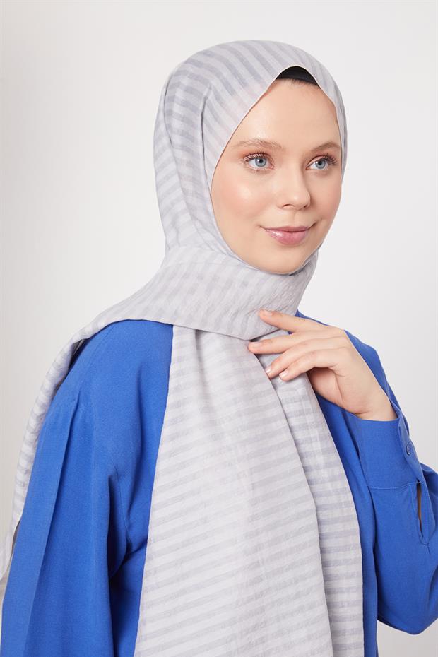 Açık Gri Çizgili Shinga Şal